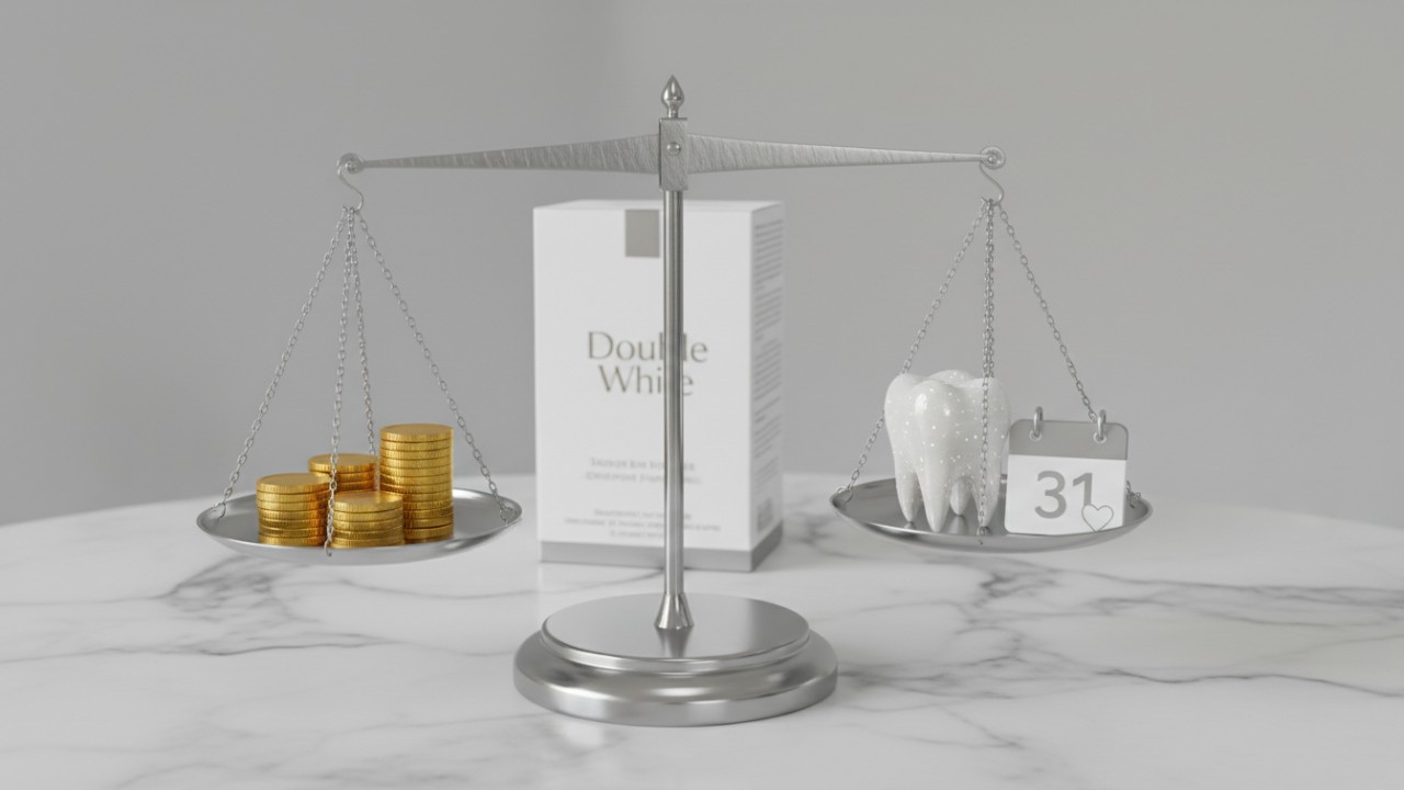 Rendu 3D professionnel d'une balance mettant en balance le coût, la santé dentaire et la longévité, avec une boîte de produit de la marque Double White en arrière-plan.