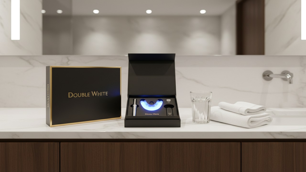 Un kit profesional de blanqueamiento dental Double White para uso doméstico, con una boquilla LED luminosa, sobre un elegante tocador de mármol.