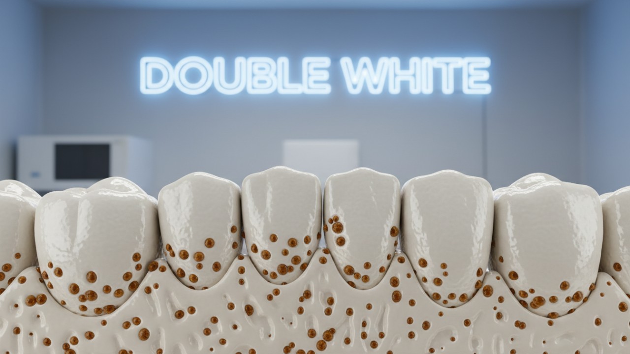 Uma ilustração científica em 3D mostrando os taninos do café escuro penetrando nos poros microscópicos do esmalte dentário, com a marca Double White ao fundo.