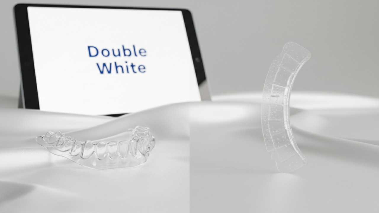 Comparación lado a lado de una férula dental personalizada y una tira blanqueadora de la marca Double White visibles en una pantalla.