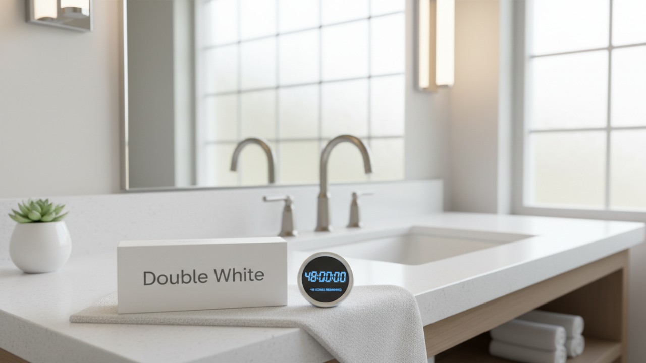 Une élégante boîte de produit dentaire étiquetée Double White est posée sur un comptoir de salle de bain propre, à côté d'une minuterie numérique affichant 48 heures.