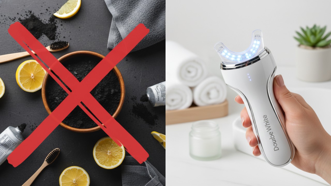 Uma comparação em tela dividida entre métodos caseiros ineficazes de clareamento dental e um dispositivo profissional de clareamento com LED Double White .