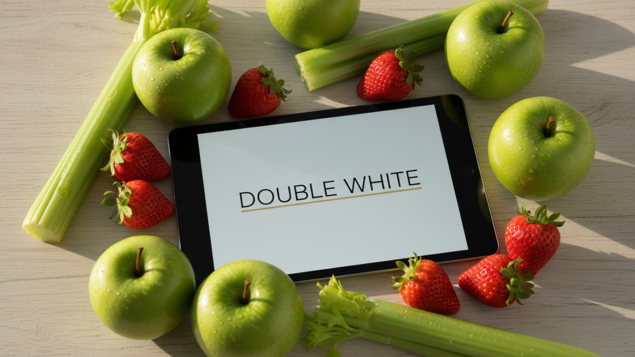 Une variété de super-aliments anti-taches comme des pommes et du céleri disposés autour d'une carte portant le nom de la marque Double White