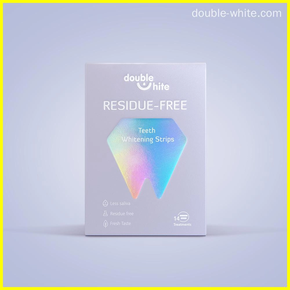 A box of Double White Residue Free Teeth Whitening Strips. The box is white with a blue and purple gradient diamond-shaped logo with the words "Double White"