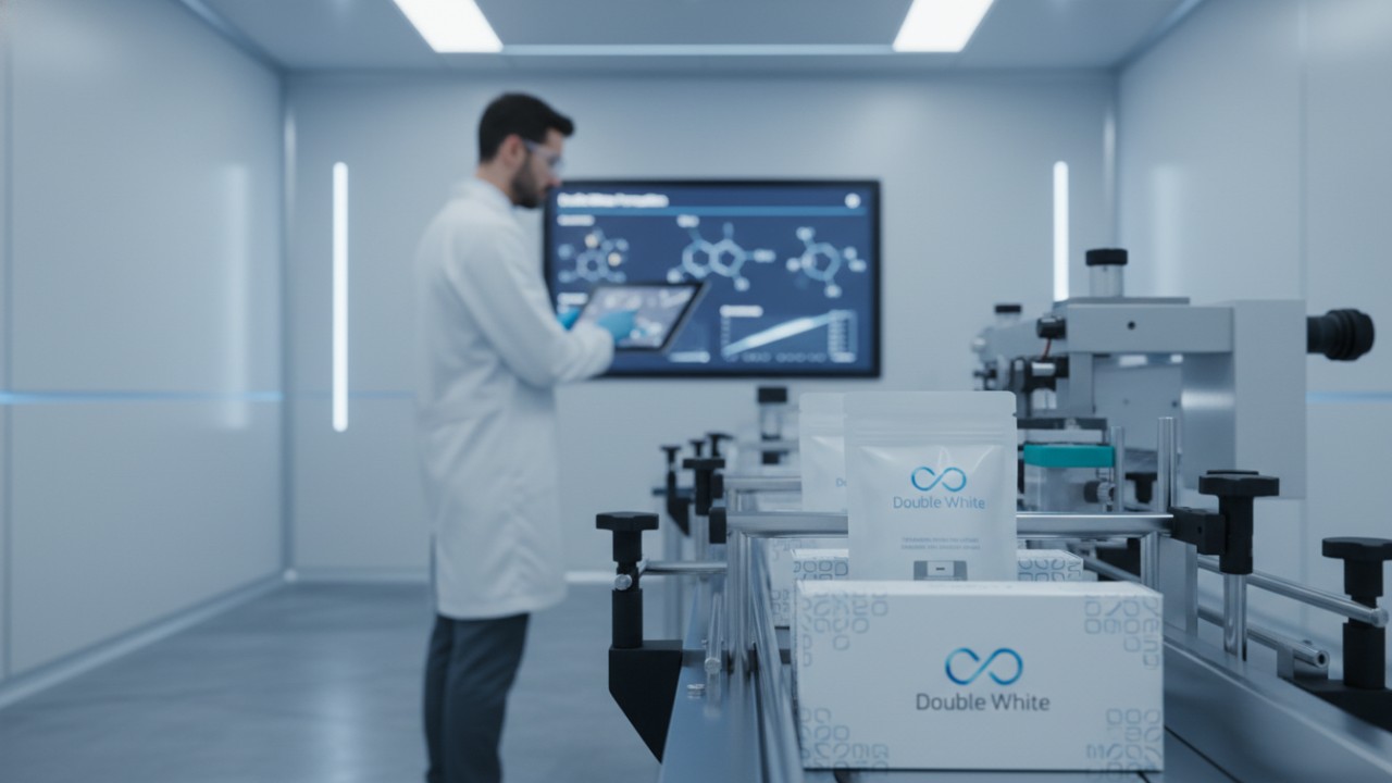 Una instalación de fabricación moderna y limpia que muestra la producción y el envasado de tiras blanqueadoras de dientes en un entorno de laboratorio profesional. Una instalación de fabricación moderna y limpia que muestra la producción y el envasado de tiras blanqueadoras de dientes en un entorno de laboratorio profesional.