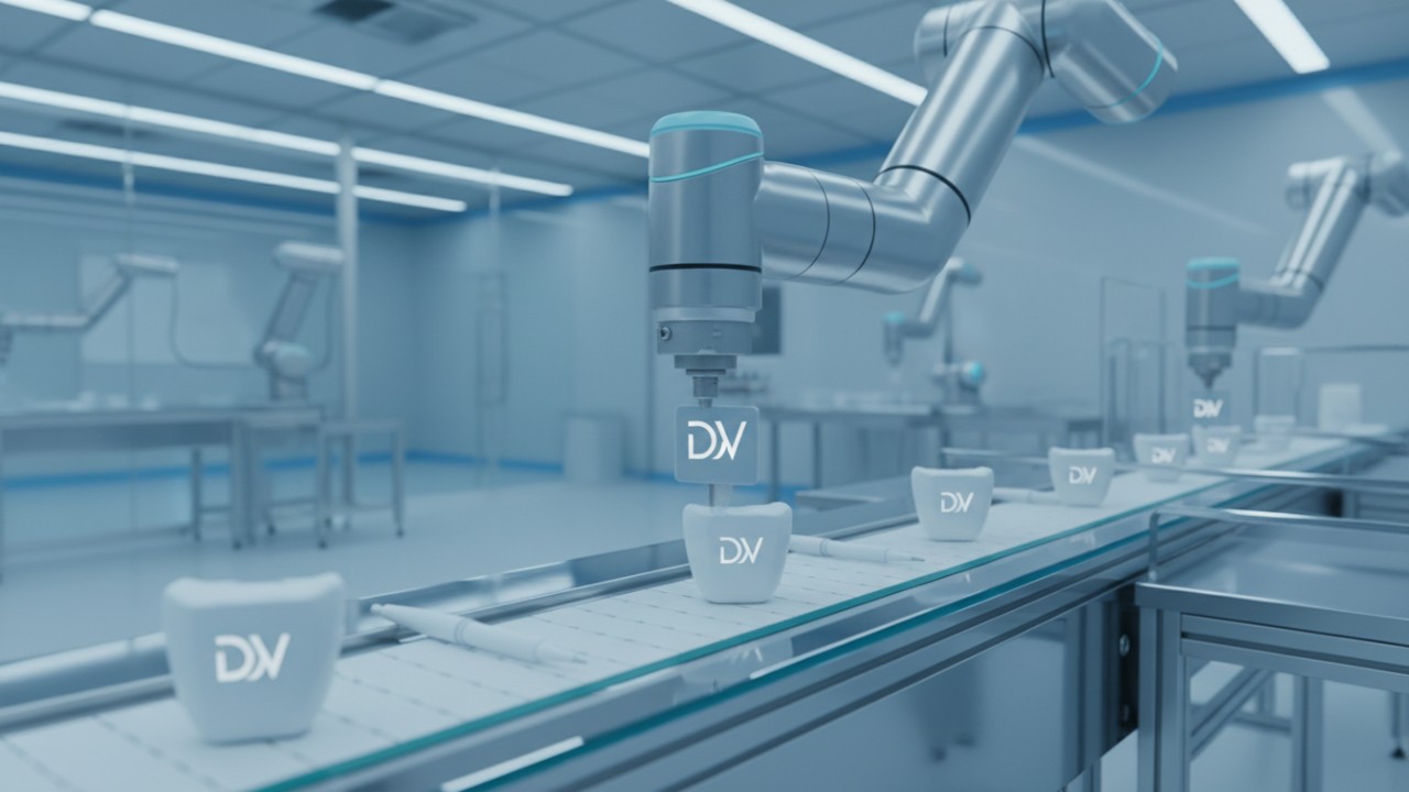 Una línea de producción que aplica etiquetas personalizadas a kits de blanqueamiento dental en un centro profesional.