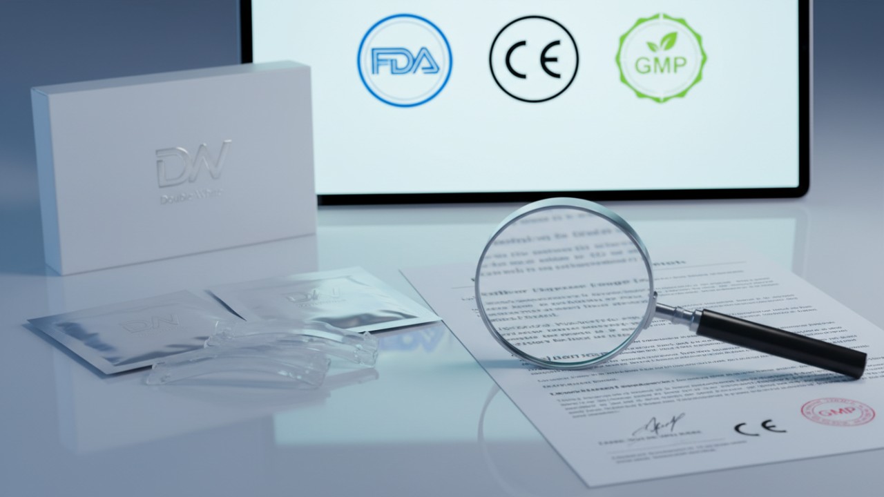 Una exhibición profesional de símbolos de cumplimiento normativo como FDA y CE junto a una caja de tiras blanqueadoras dentales que representan el control de calidad. Una exhibición profesional de símbolos de cumplimiento normativo como FDA y CE junto a una caja de tiras blanqueadoras dentales que representan el control de calidad.