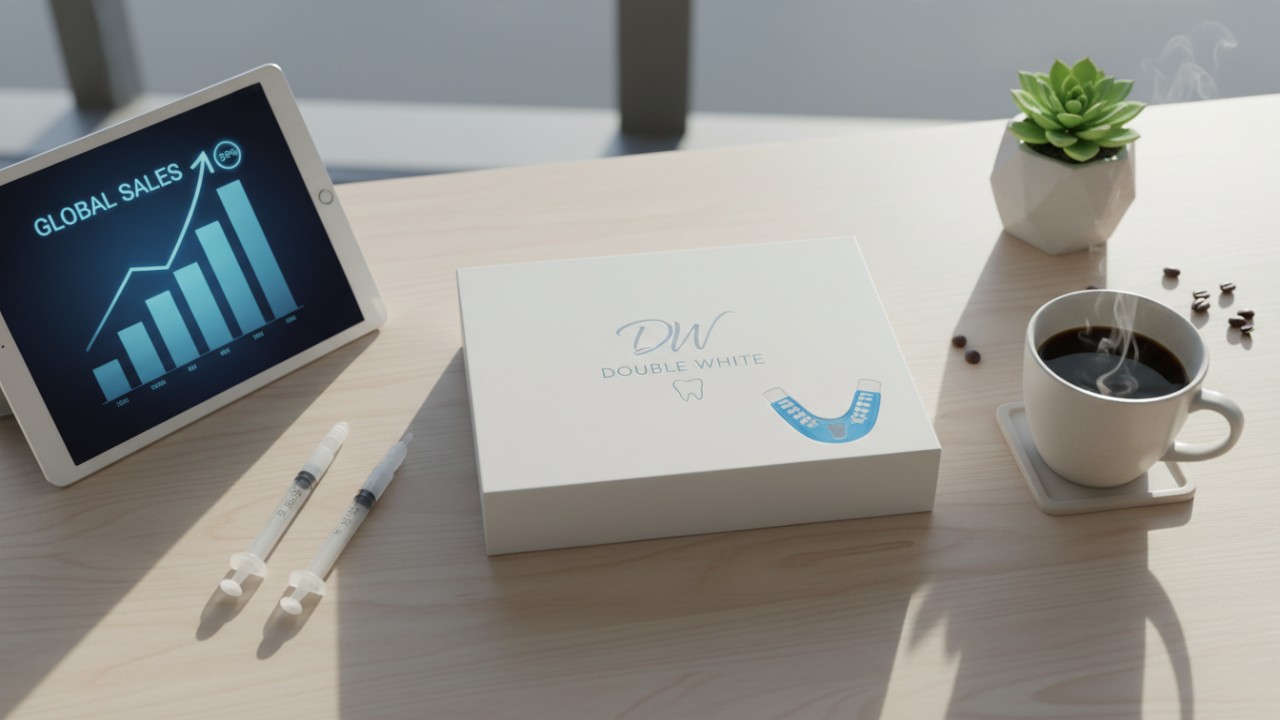 Un lanzamiento exitoso de una marca de blanqueamiento dental, representado por productos de marca y una gráfica de negocio en ascenso.