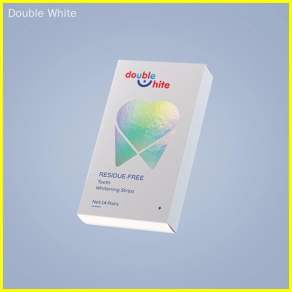 A box of Double White teeth whitening strips. The box is white with a blue and red gradient on the front. The Double White logo is printed on the front in blue and red.