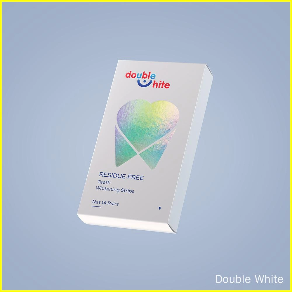 A box of Double White teeth whitening strips. The box is white with a blue and red gradient on the front. The Double White logo is printed on the front in blue and red.