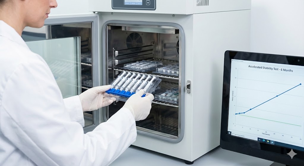 Científico colocando jeringas en una incubadora para realizar pruebas de estabilidad aceleradas.