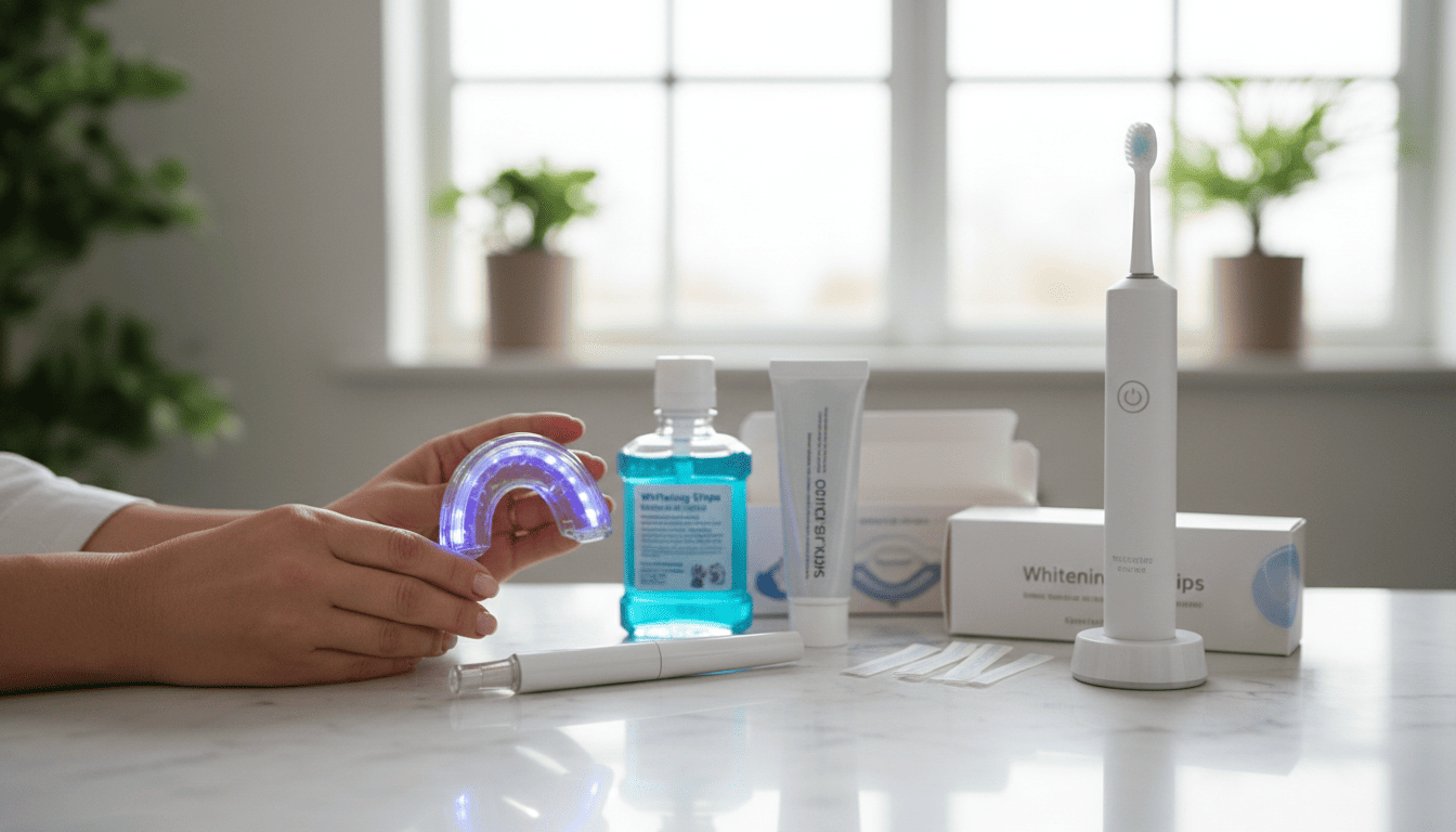 Dental care products including a whitening device, mouthwash, and electric toothbrush on a marble countertop.