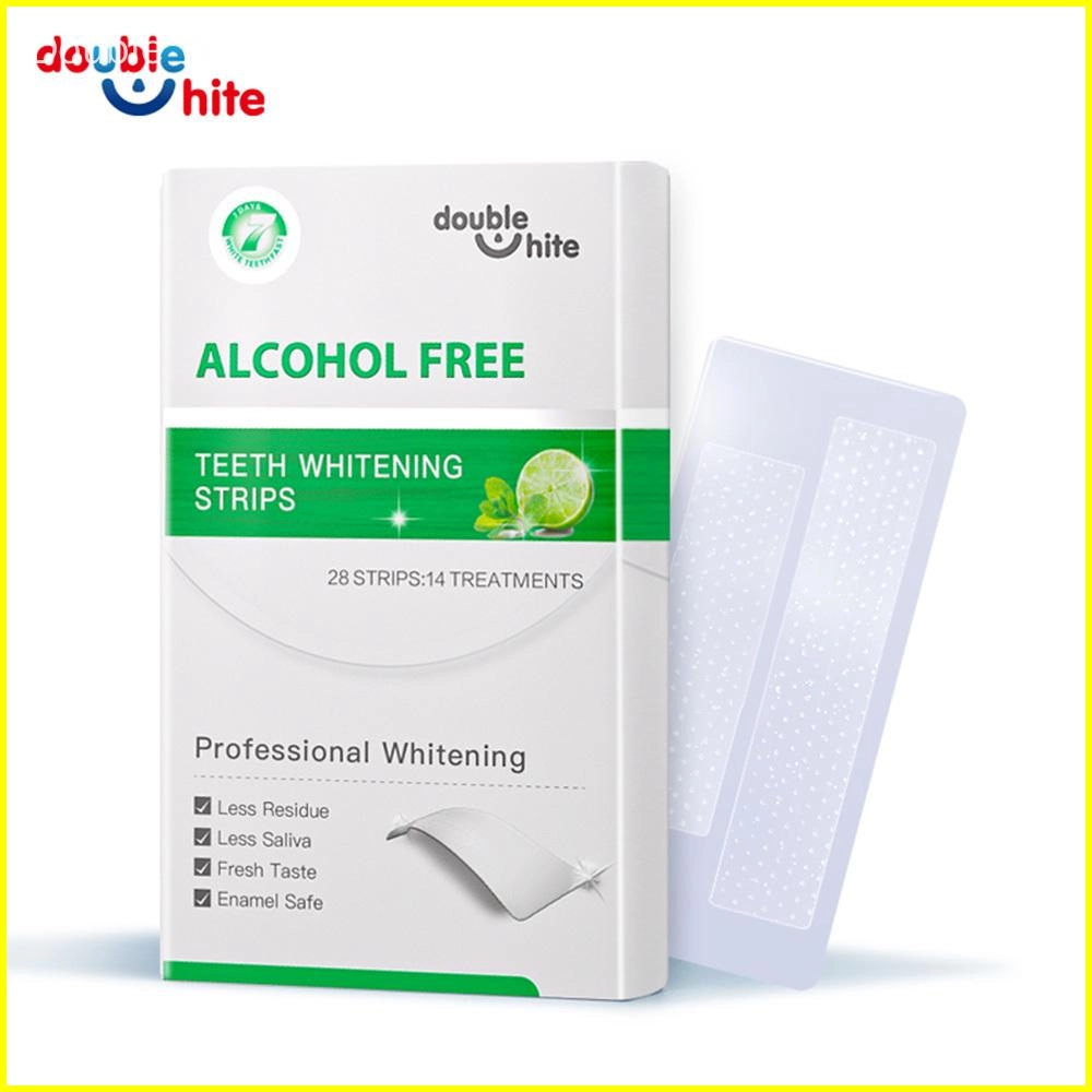 A box of Double White teeth whitening strips. The box is white with green accents and has 28 strips inside.