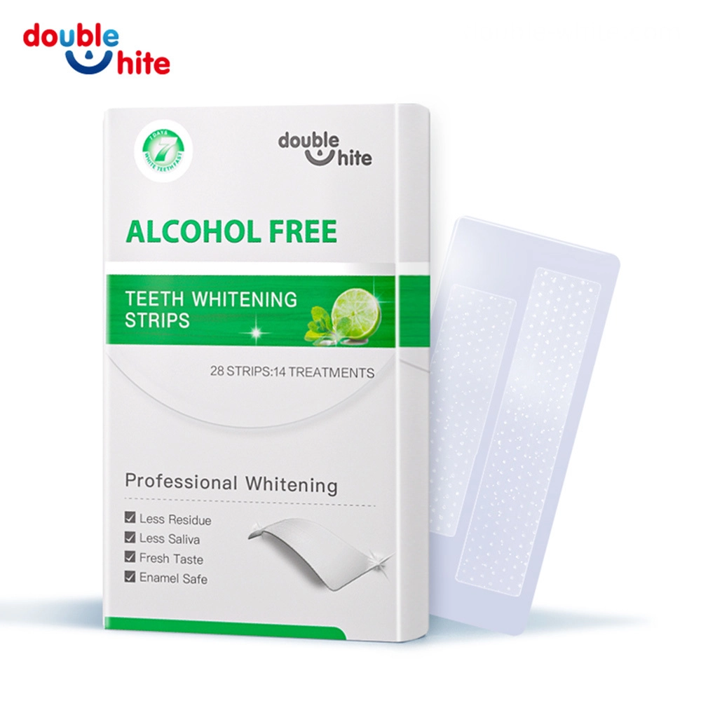 Коробка полосок для отбеливания зубов Double White. Коробка белая с зелеными акцентами и содержит 28 полосок внутри.
