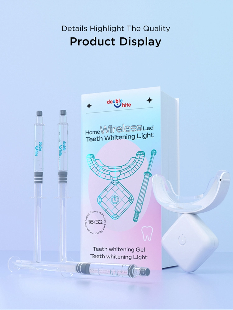 A teeth whitening kit that includes a wireless LED light, two 3ml syringes of teeth whitening gel, and a custom-fit mouth tray.