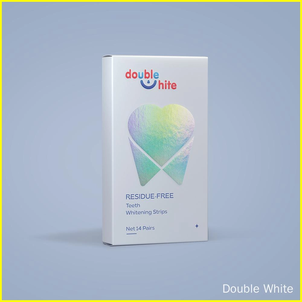 Коробка полосок для отбеливания зубов Double White. Коробка белая с сине-розовым градиентным зубом спереди. Текст на коробке: «double white», «residue-free», «teeth whitening strips» и «net 14 pairs».