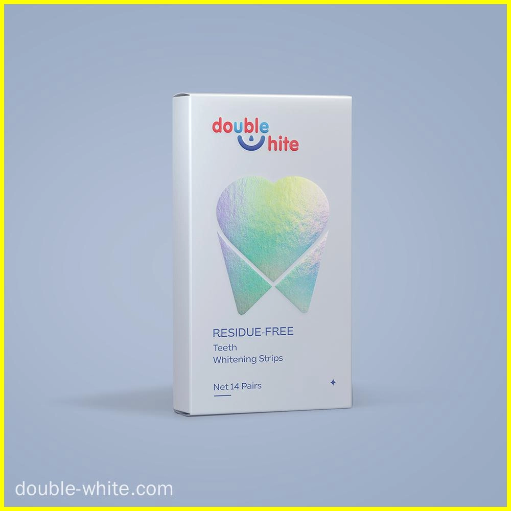 Коробка полосок для отбеливания зубов Double White. Коробка белая с сине-розовым градиентным зубом спереди. Текст на коробке: «double white», «residue-free», «teeth whitening strips» и «net 14 pairs».