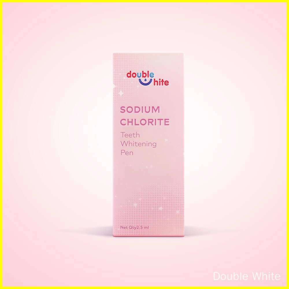 Stylos gel pour blanchiment des dents HP Une boîte de stylo de blanchiment des dents au chlorite de sodium Double White. La boîte est rose et blanche. Le logo Double White est sur le devant de la boîte.