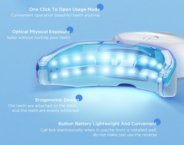 Uma imagem de close-up de um dispositivo de clareamento de dentes. É branco e azul e tem uma luz no interior.