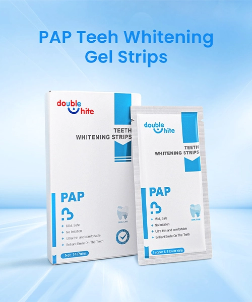 Double white PAP teeth whitening strips. The box contains 14 pairs of strips.