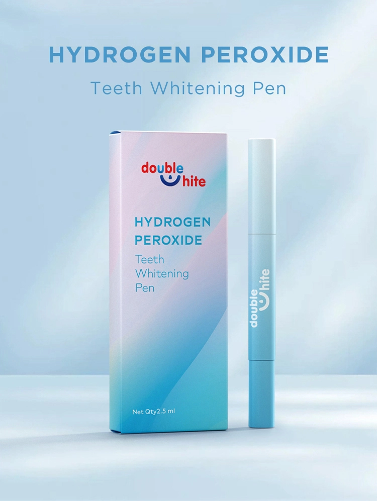 teeth whitening pen. The pen is white and blue and has the words "Double White" and "Hydrogen Peroxide Teeth Whitening Pen" on it. The pen is lying on a blue table next to a white box with the same design as the pen.