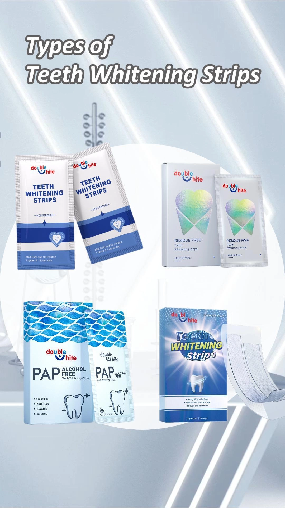 Sélection de bandes de blanchiment des dents de marque Double White, y compris des options sans peroxyde, sans résidus et sans alcool. - Double White