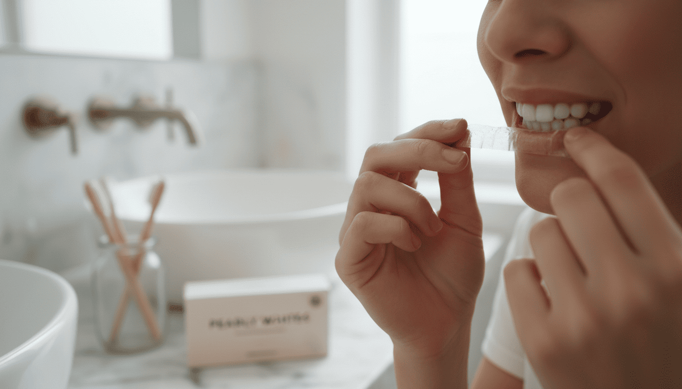 Woman applying teeth whitening strips in a bathroom.
