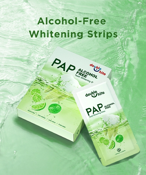 A box of Double White PAP+ Alcohol-Free Teeth Whitening Strips.