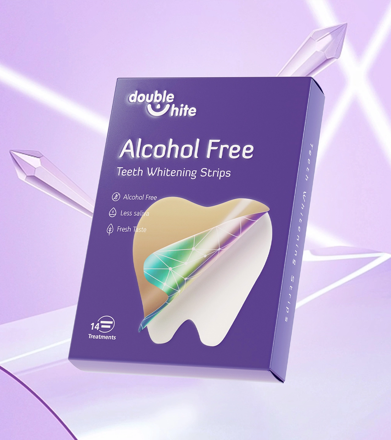 Une boîte de bandes de blanchiment des dents sans alcool Double White. La boîte est violette et blanche. Le devant de la boîte comporte le logo Double White, le nom du produit et une liste des avantages du produit.