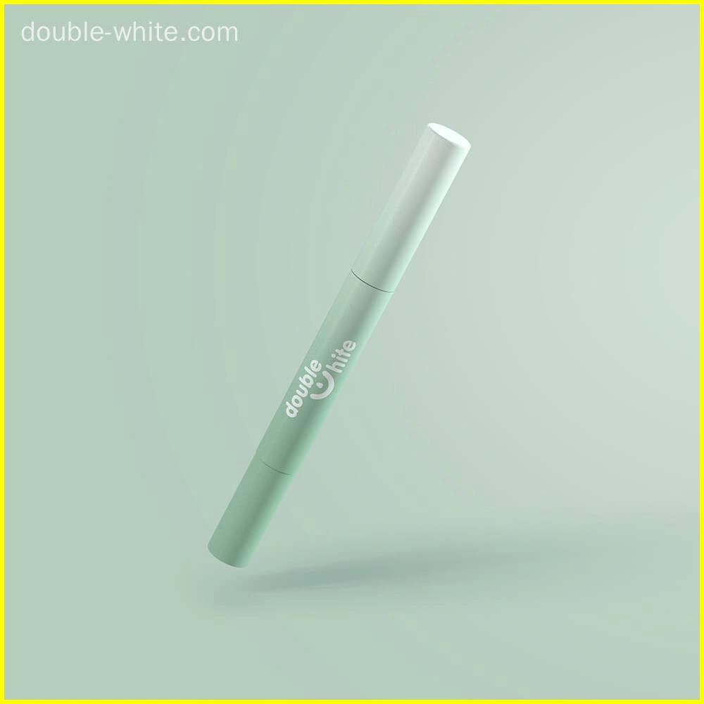 A 3D rendering of a teeth whitening pen against a pale green background. The pen is white and green with a white cap.