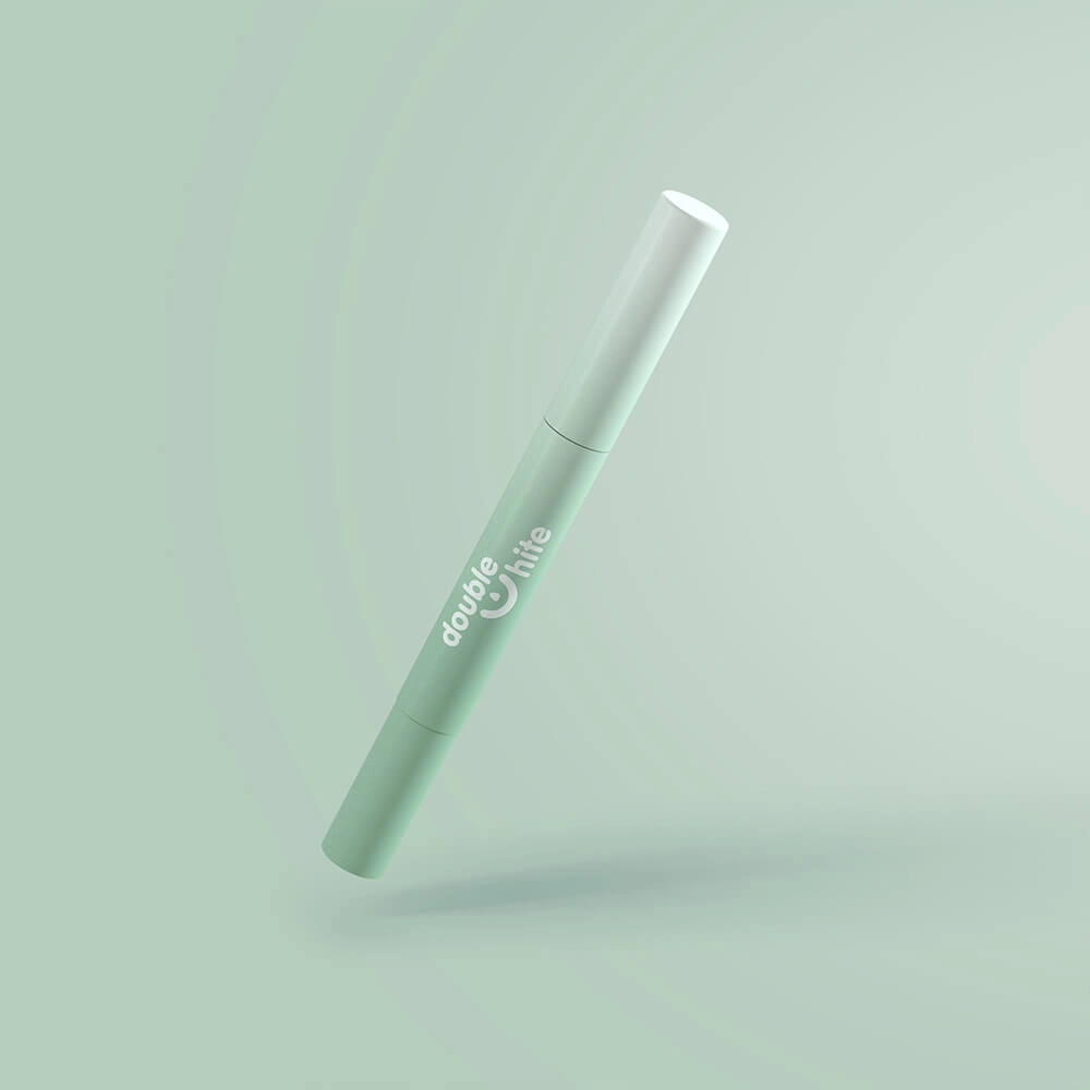 A 3D rendering of a teeth whitening pen against a pale green background. The pen is white and green with a white cap.