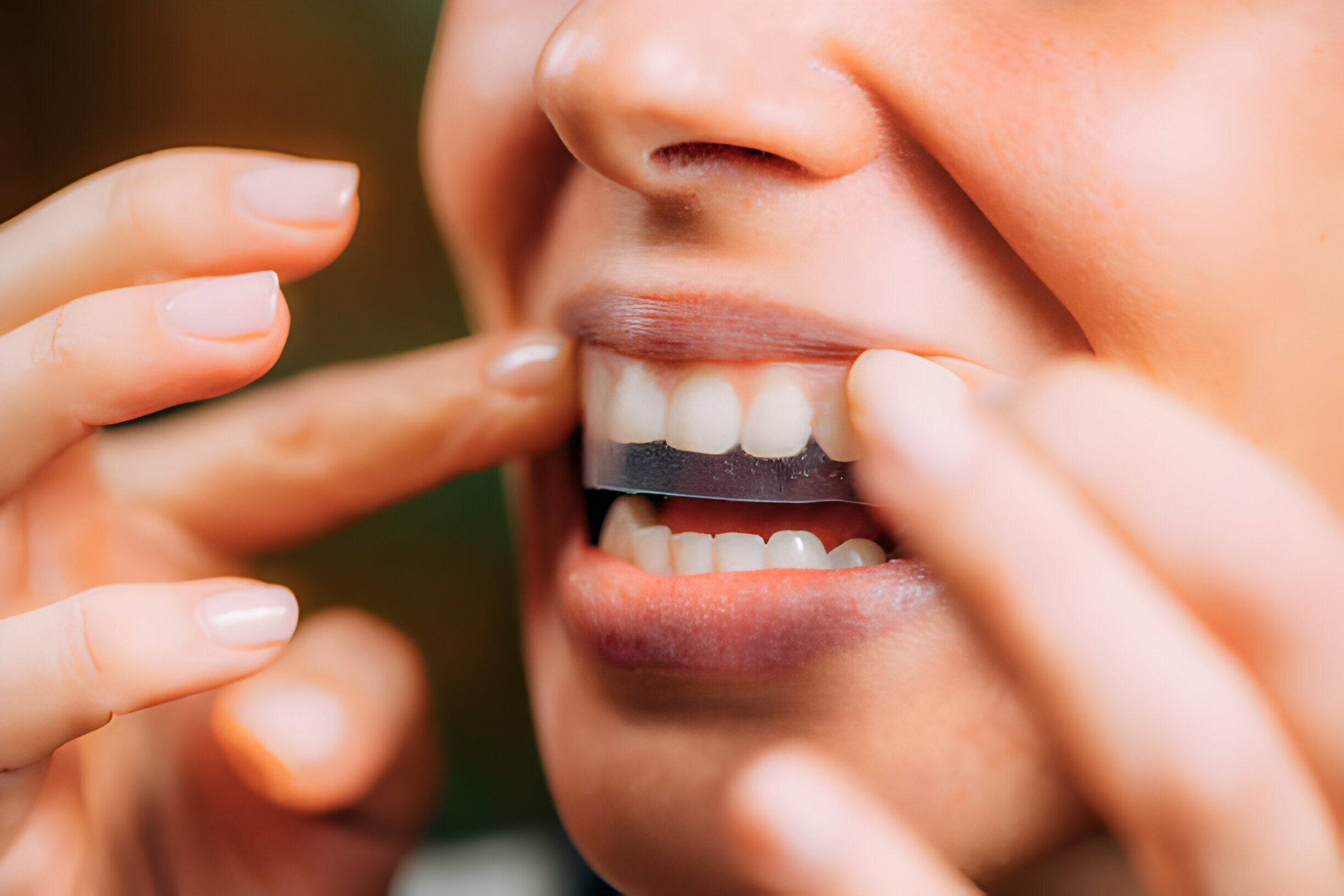 A close-up of a woman smiling with a teeth whitening strip on her teeth.