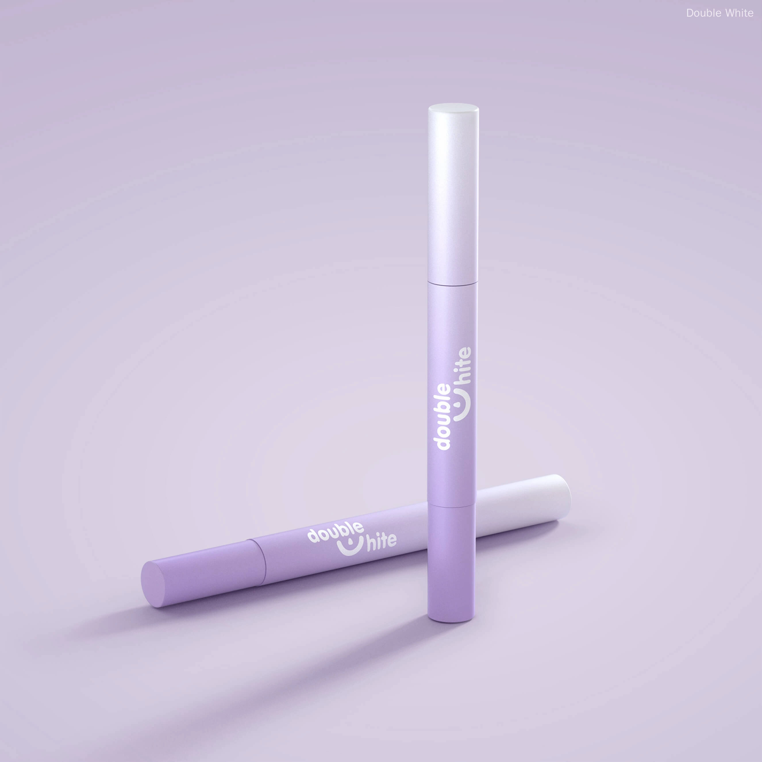 Un tubo morado de gel blanqueador de dientes Double White con una tapa blanca y un logotipo blanco.