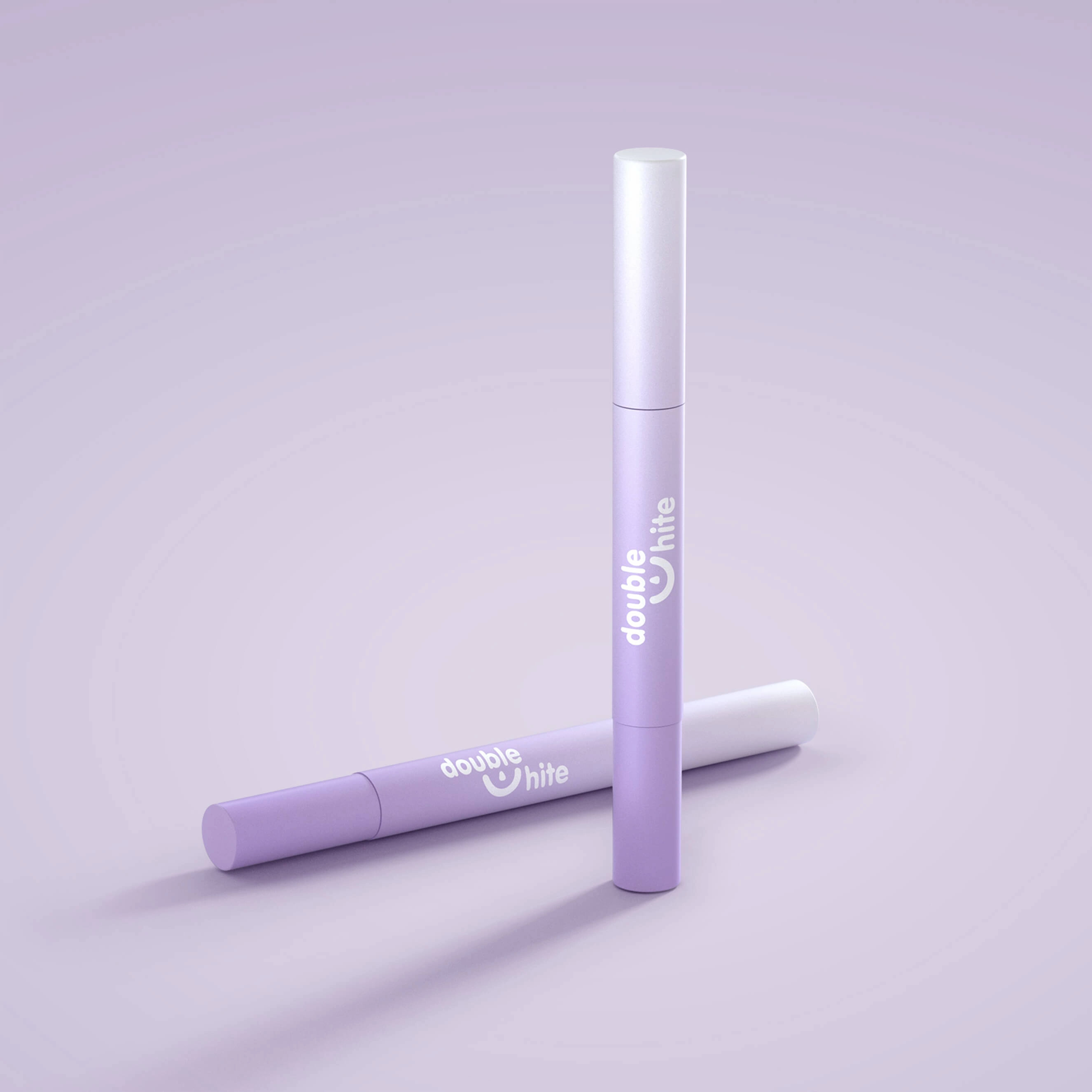 Un tubo morado de gel blanqueador de dientes Double White con una tapa blanca y un logotipo blanco.