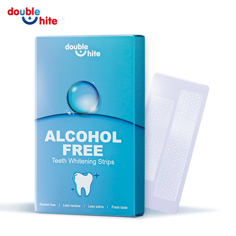 A box of Double White teeth whitening strips. The box is blue and white. The front of the box has the Double White logo, the product name, and a list of the product's benefits.