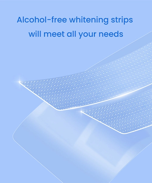 A close-up image of two alcohol-free whitening strips. The strips are made of a thin, flexible material and have a textured surface.