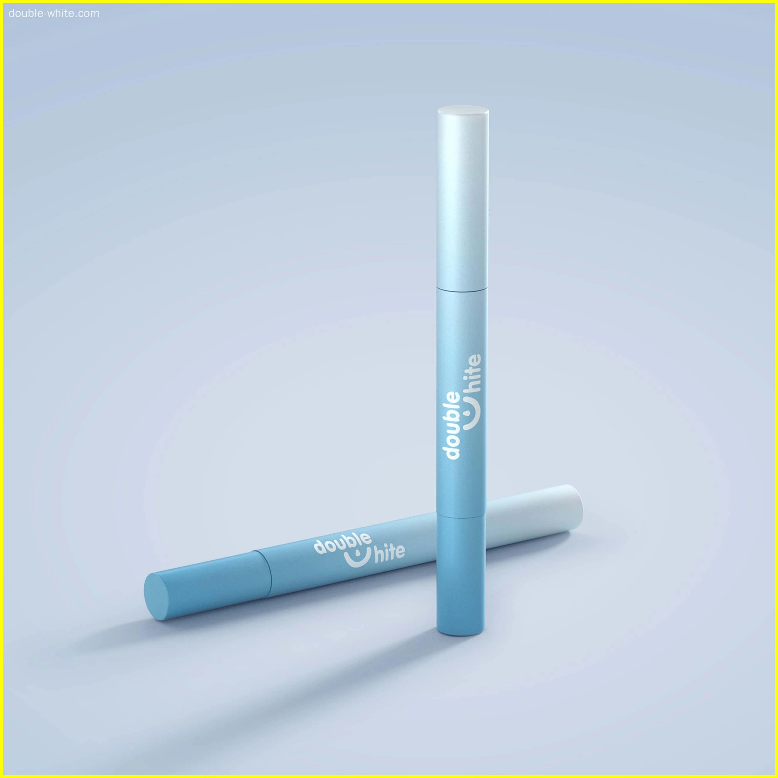 A 3D rendering of two Double White teeth whitening pens. The pens are light blue and white with a smiley face logo.