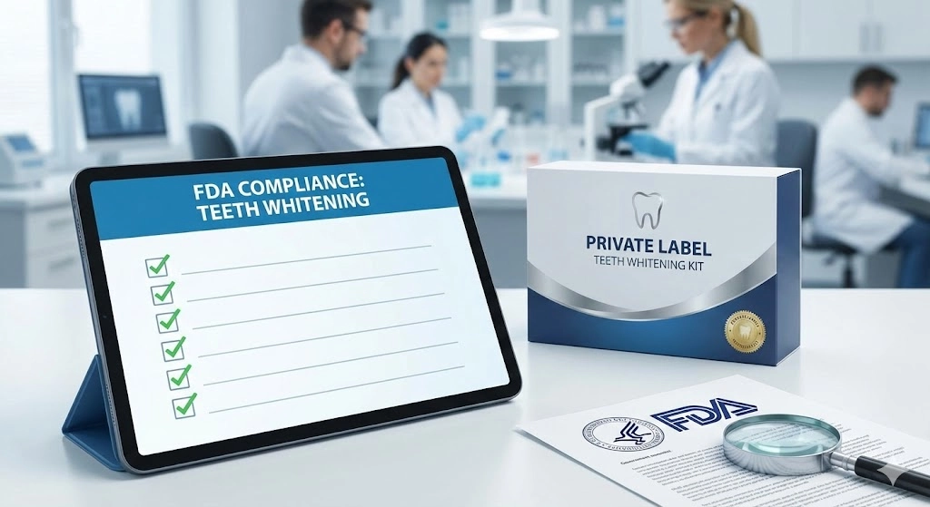 Kit de blanqueamiento dental que cumple con las normas de la FDA con lista de verificación de tabletas en un entorno de laboratorio. - Double White