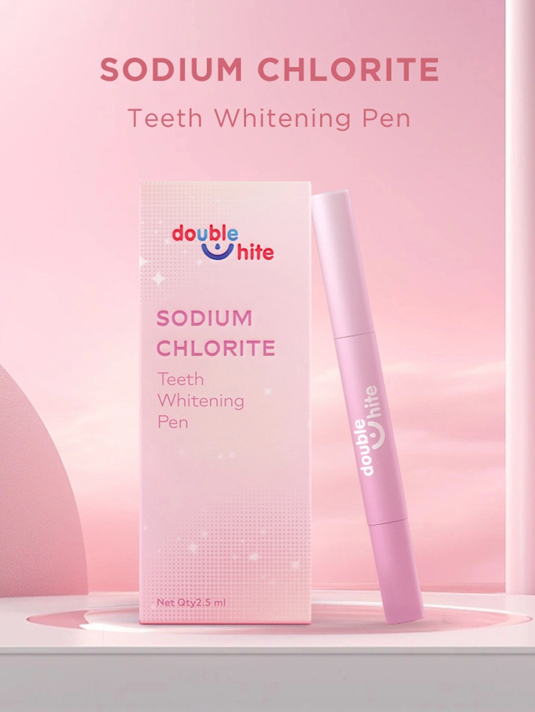 Image d&#39;un stylo de blanchiment des dents. Le stylo est blanc et possède un capuchon rose. Le stylo est étiqueté « Stylo de blanchiment des dents au chlorite de sodium ».