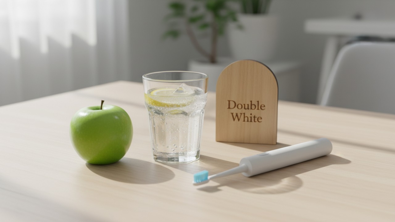 Des habitudes saines pour des dents blanches, notamment une pomme verte et de l'eau, avec un panneau Double White en arrière-plan.