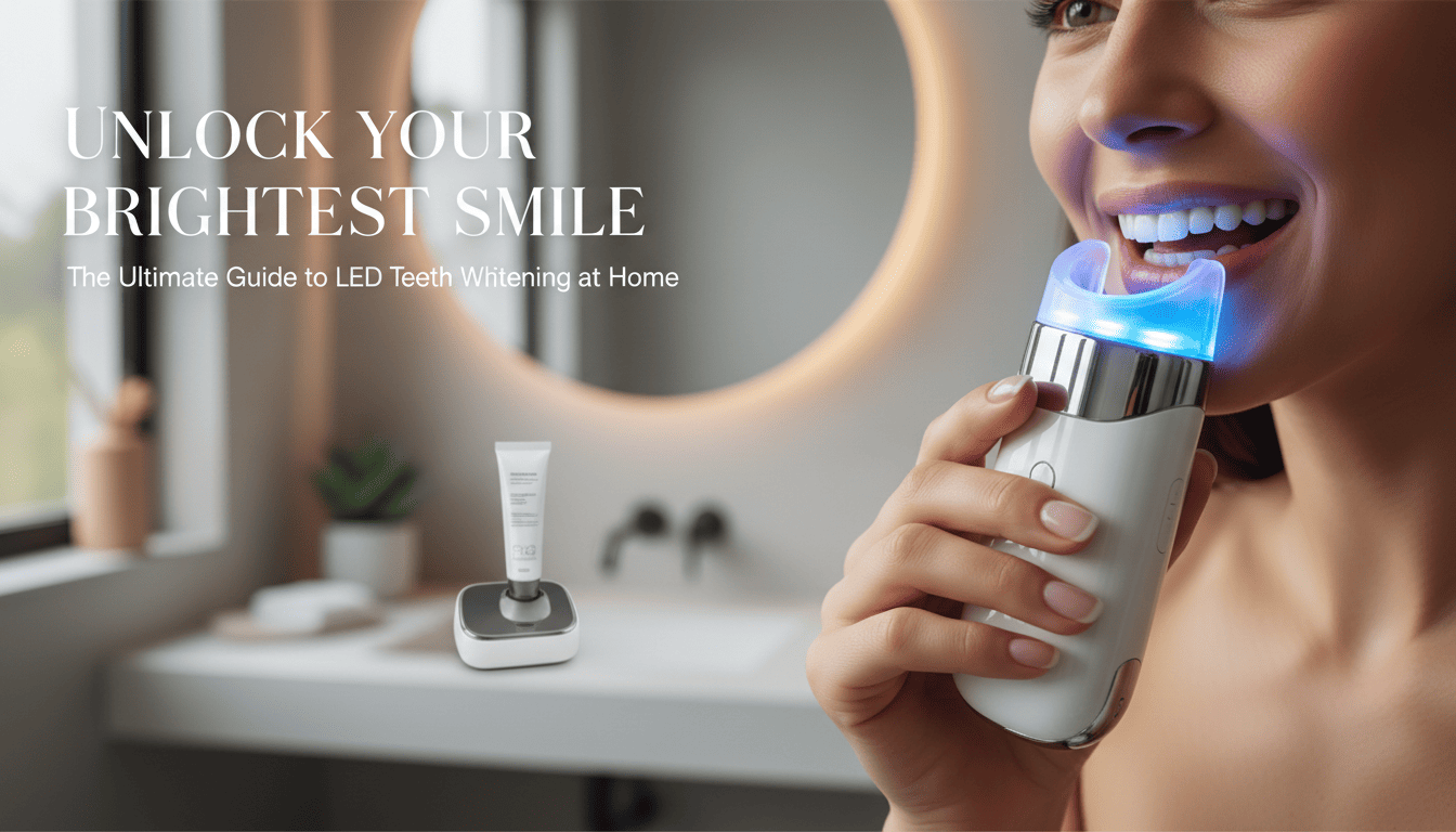 Woman using an LED teeth whitening device.