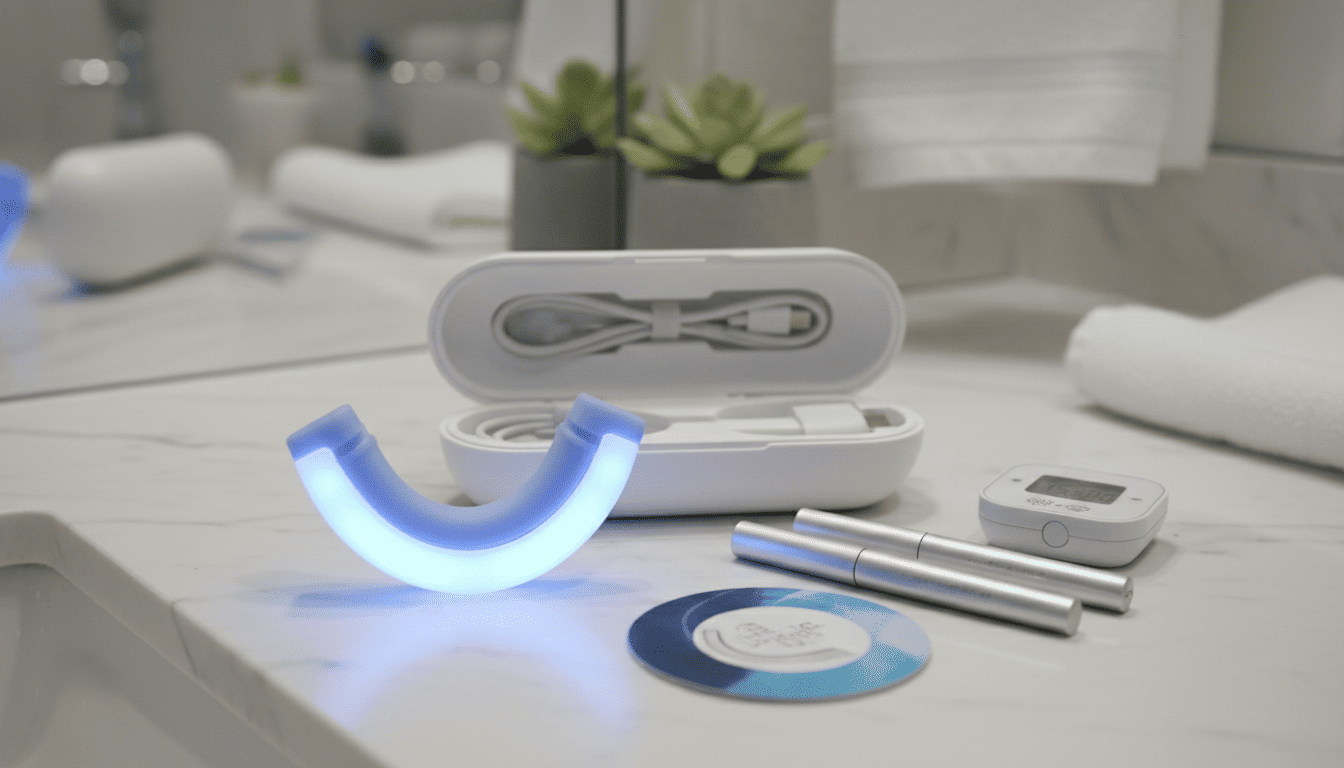 Bathroom counter featuring a teeth whitening kit with a blue LED mouthpiece, charging case, applicator pens, and timer.