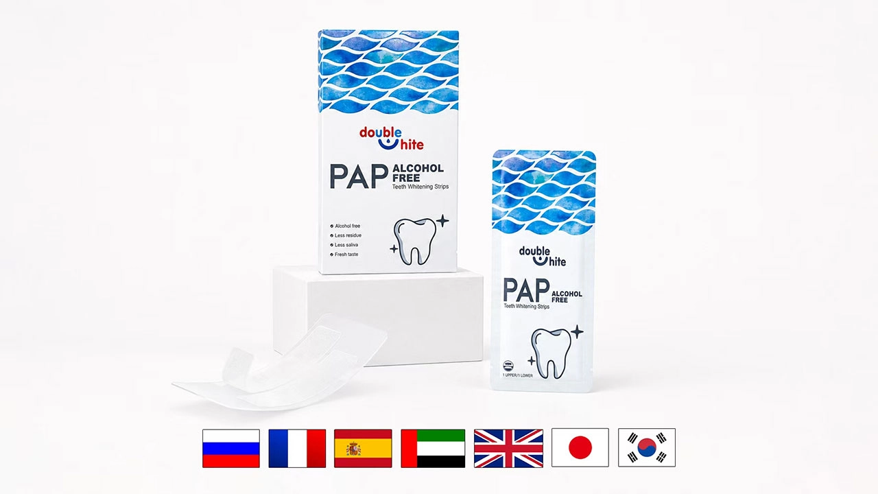 Conceito de produto para clareamento dental natural com embalagem da fórmula PAP e opções de mercado multilíngues - Double White