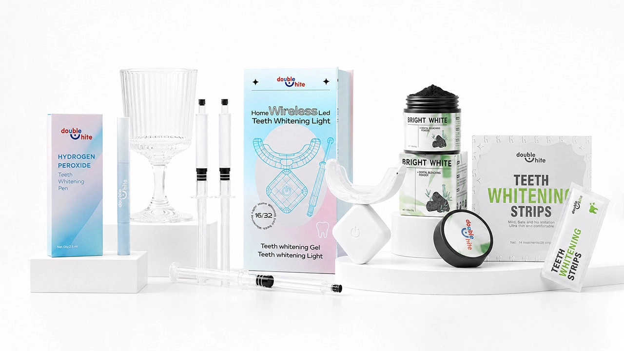 Conceito de produto para clareamento dental em dentes sensíveis com marca própria de fitas, moldeiras e embalagens para varejo - Double White