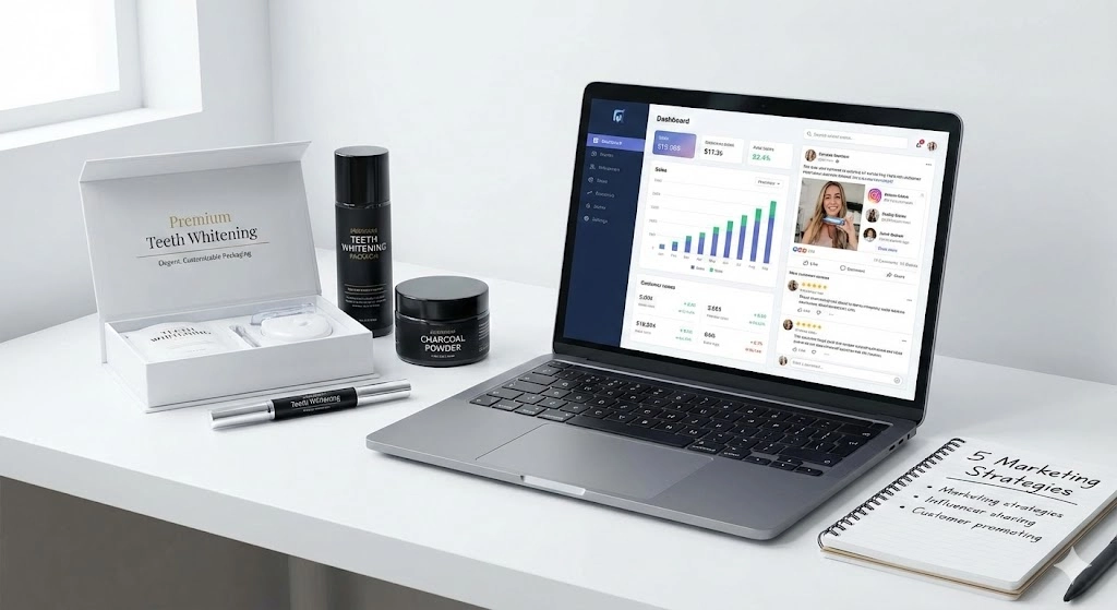 Gama de productos para blanquear los dientes con panel de marketing en portátil y estrategias en notebook. - Double White