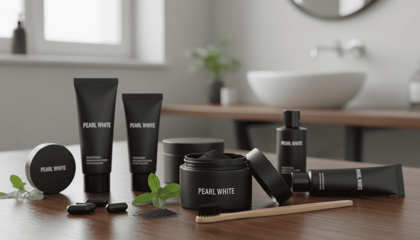 Pearl White activated charcoal dental products on a bathroom counter.