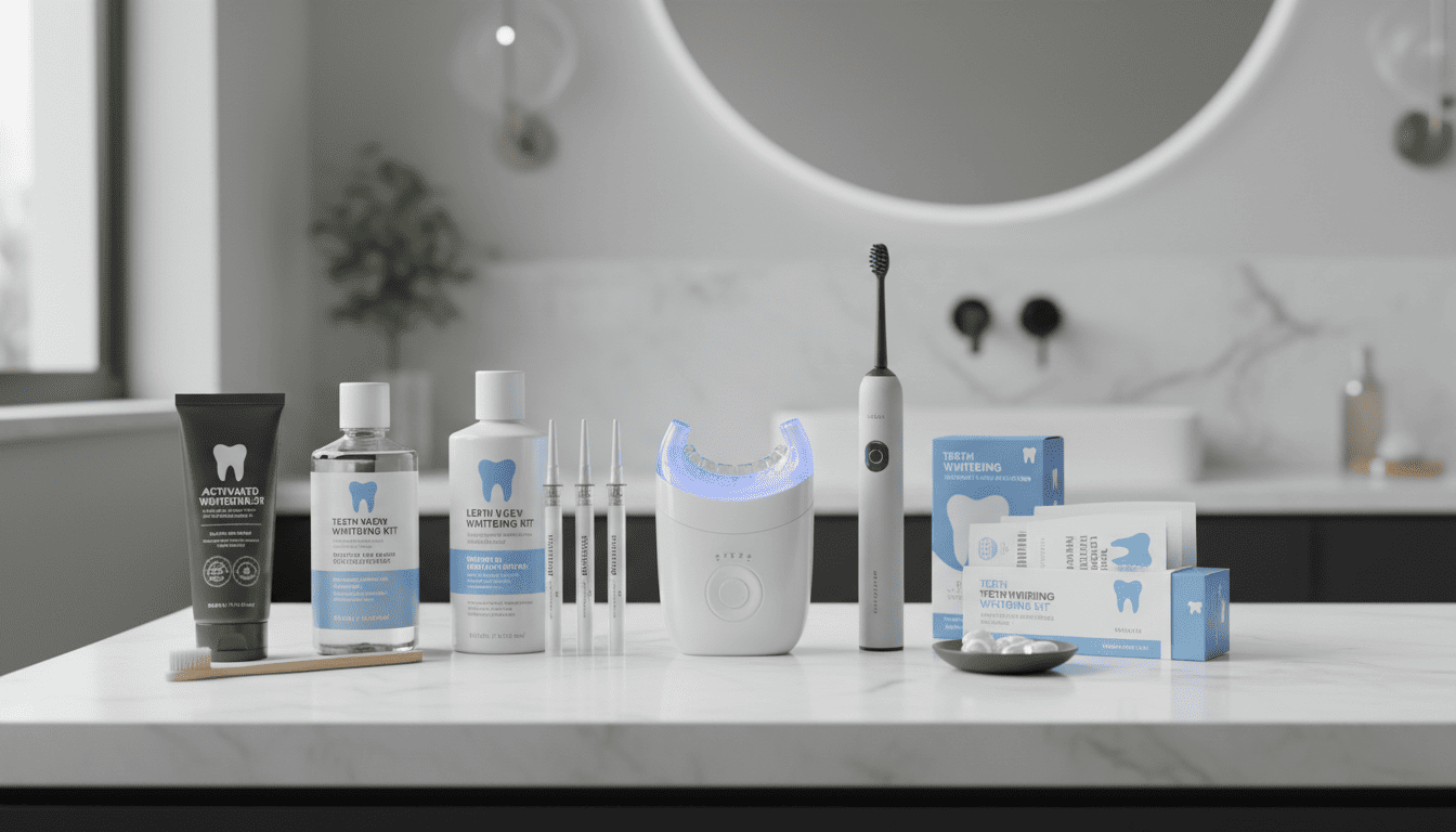 Teeth Whitening Kit with Activated Charcoal Toothpaste, Mouthwash, LED Whitening Device, and Whitening Strips.