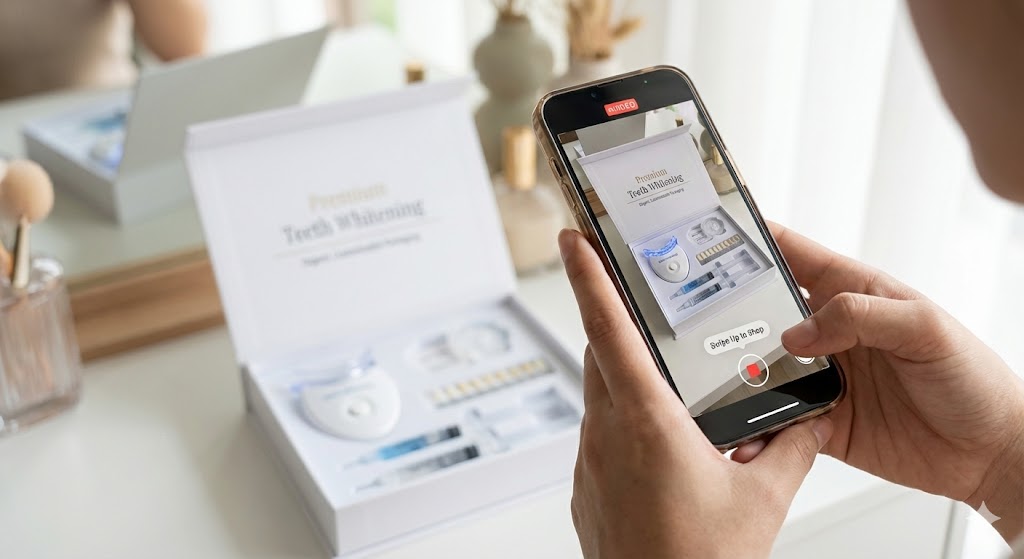 Persona grabando un vídeo de un kit de blanqueamiento dental premium.