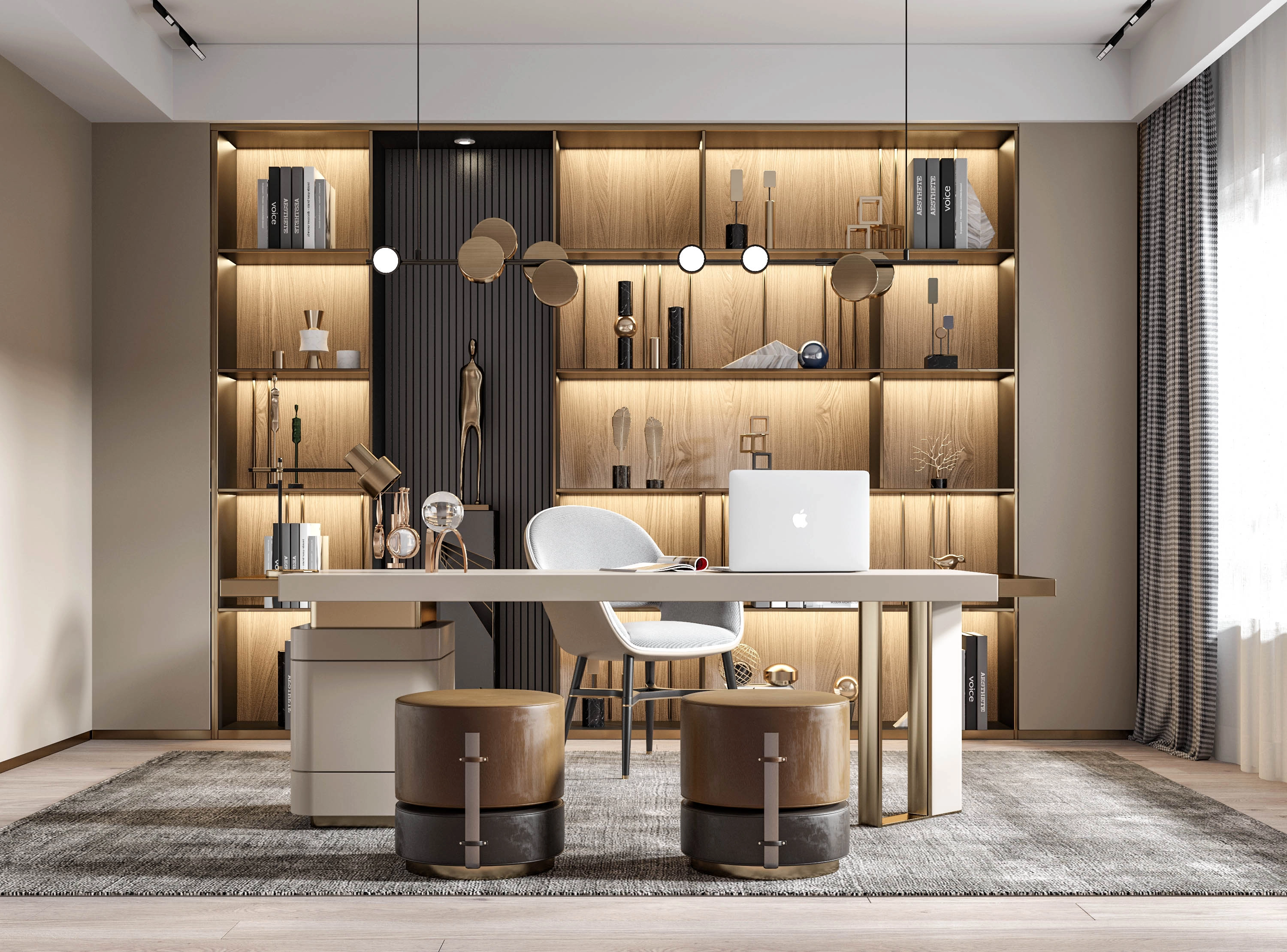 Modern home office with a white desk, lit bookshelves, and leather ottomans.