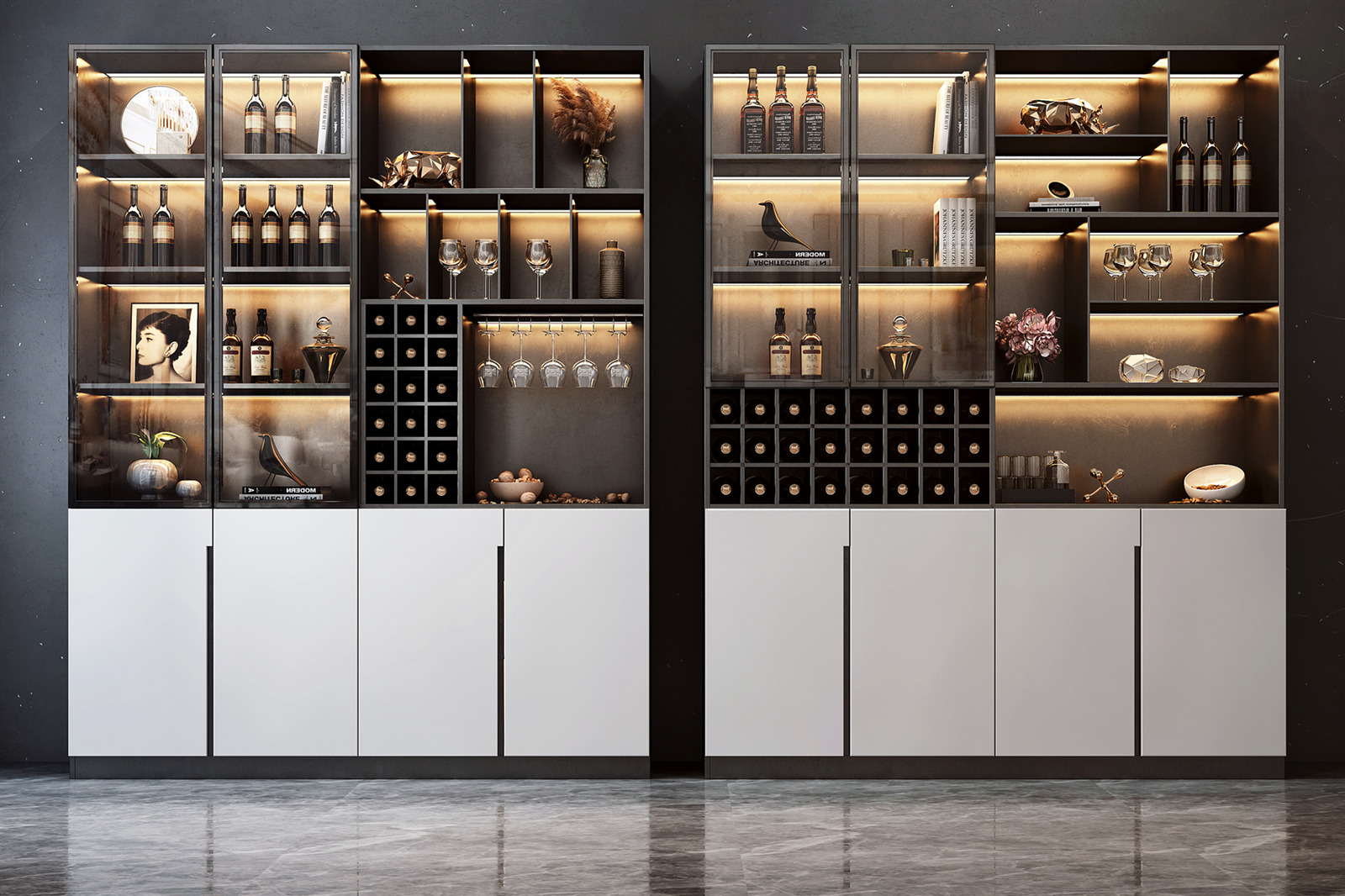 Modern wine cabinet with glass doors and built-in lighting. Modern wine cabinet with glass doors and built-in lighting.